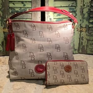 Dooney & Bourke Handbag and Matching Wallet Tan with Red Leather Trim EUC